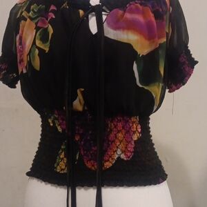 Forever 21 Black Floral Smocked Peasant Top with Tie Neck